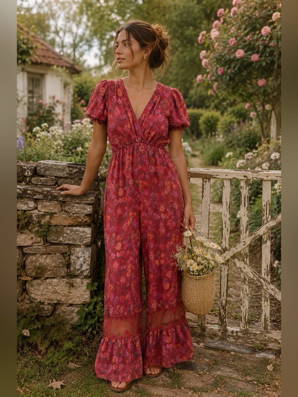 A Collective Story Floral Lace Wide Leg Jumpsuit Puff Sleeve Boho Size Large